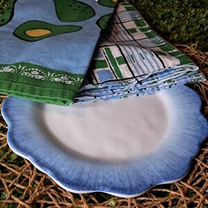 NWT 4PC Blue Watercolor Melamine Plates w 2 PC NWT Kitchen Towels | Coord Set